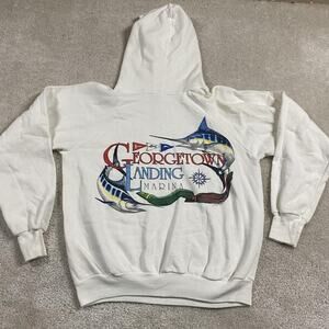 VTG Health Knit Hoodie Mens L White Georgetown Landing Marina Fishing 80s Boat
